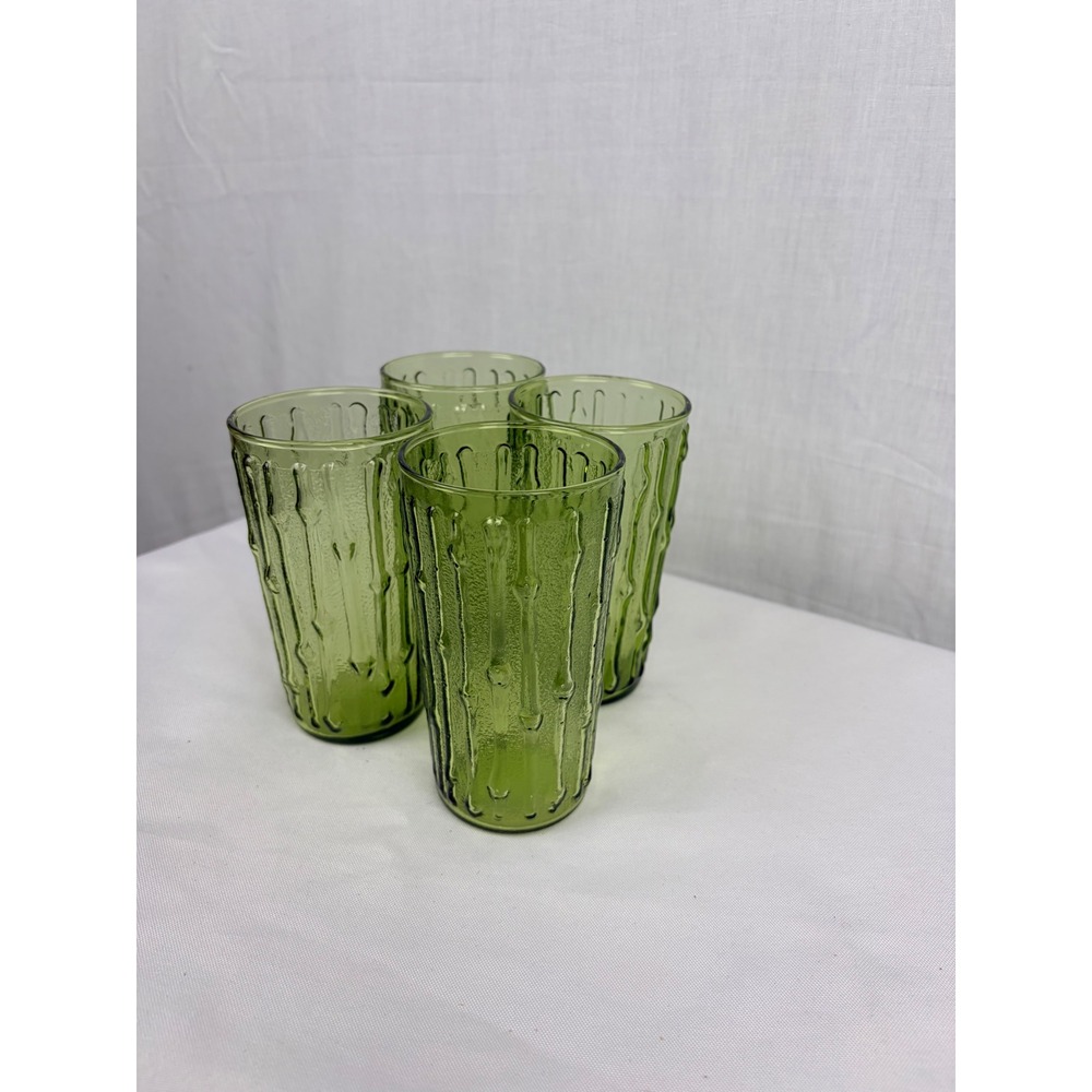 Vintage Avocado Green Bamboo Textured‎ Glass Tumblers Set of 4 MCM Juice - Picture 2 of 5